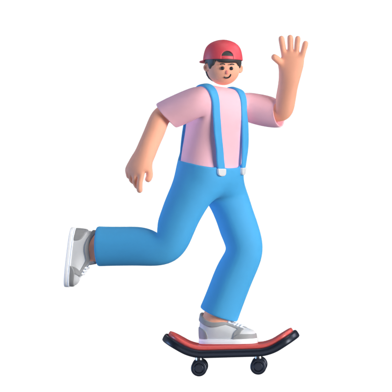 Skateboarding & Waving Hand 3D Animated Illustration 3D Illustration