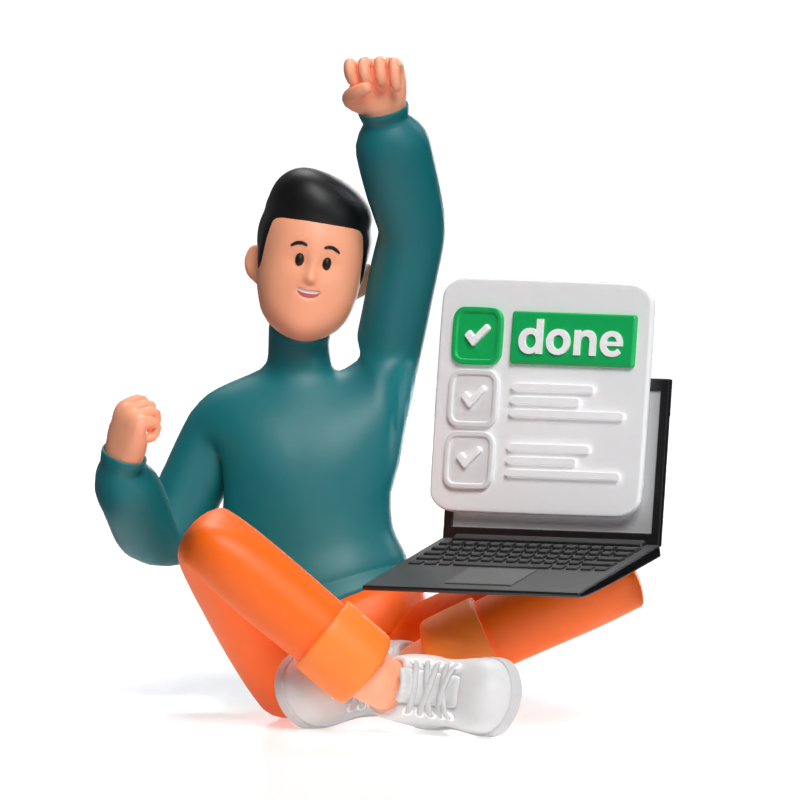 Celebration 3D Illustration Of A Man With Laptop On His Leg Cheering For Finished Tasks 3D Illustration