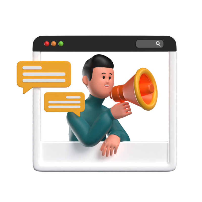 Announcing New Released Product Features 3D Illustration Depicting A Man Inside Web Interface Holding A Megaphone 3D Illustration