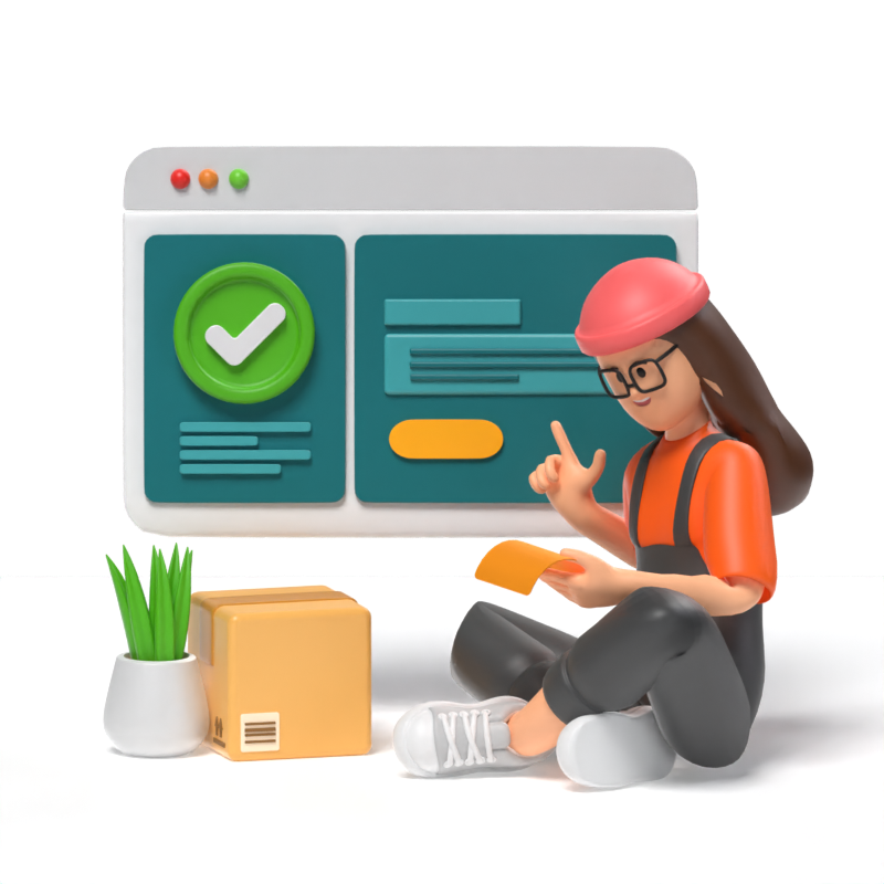 Confirmation State 3D Illustration Featuring A Girl Sitting Next To A Box And Plant In Front Of Website Interface 3D Illustration
