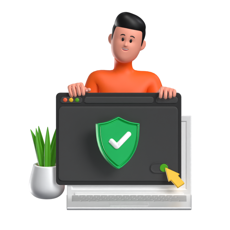 Verified Badge 3D Illustration Of A Man Holding Web Interface Over Laptop And Plant 3D Illustration