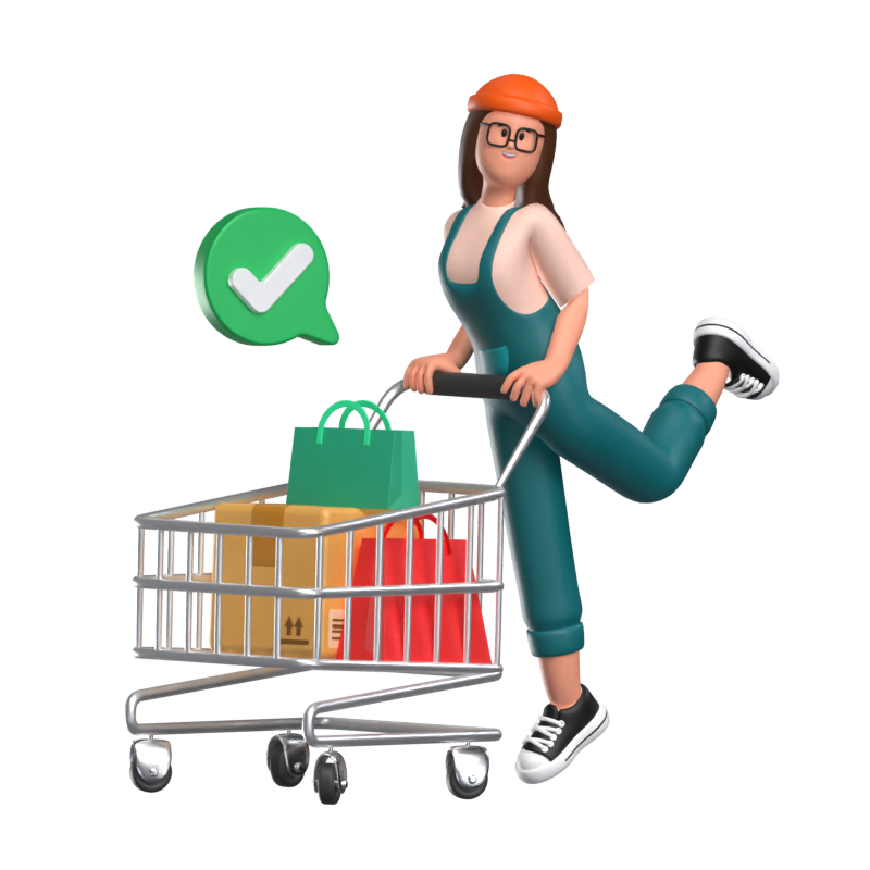 Successful Purchase 3D Illustration With A Girl Pushing A Trolley And Her Groceries 3D Illustration