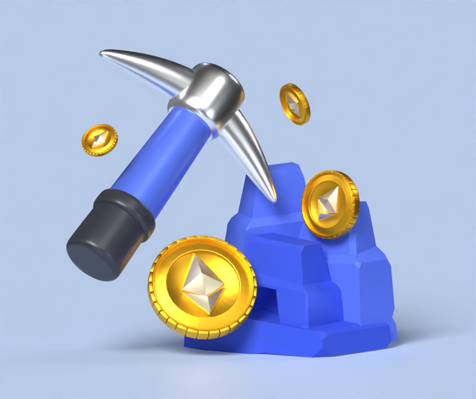 Mining Cryptocoins 3D Illustration Depicting A Pickaxe Next To Rock And Ethereum Coins Around 3D Illustration