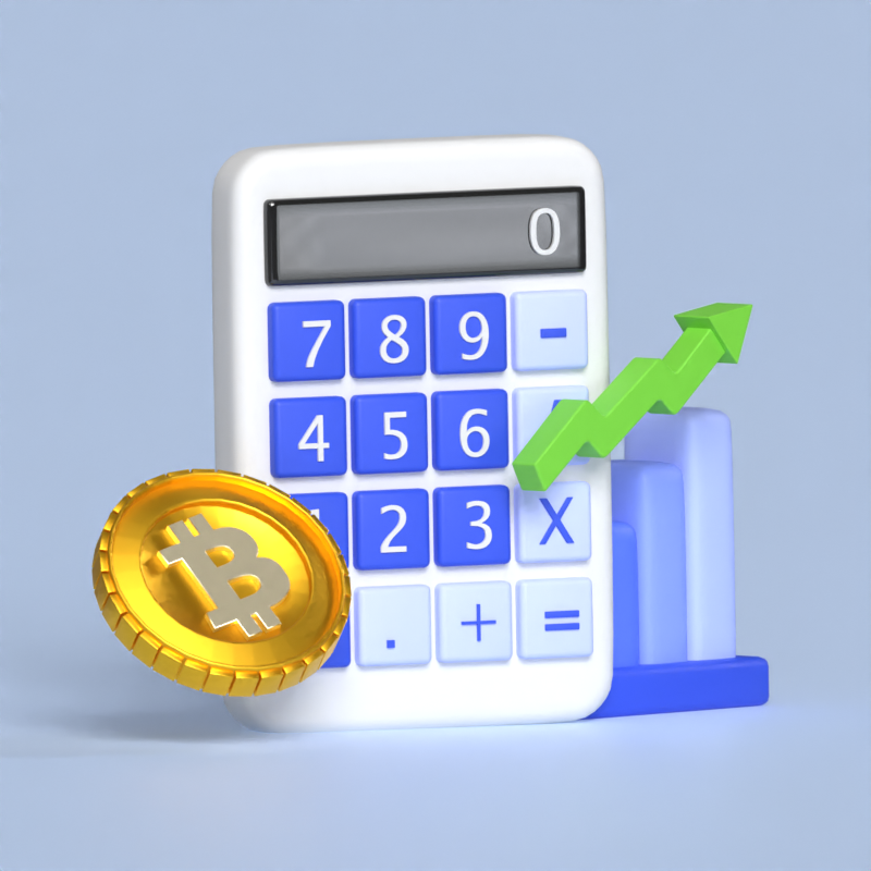Calculating Financial Growth 3D Illustration Featuring Chart With Arrow Next To A Calculator And Bitcoin 3D Illustration