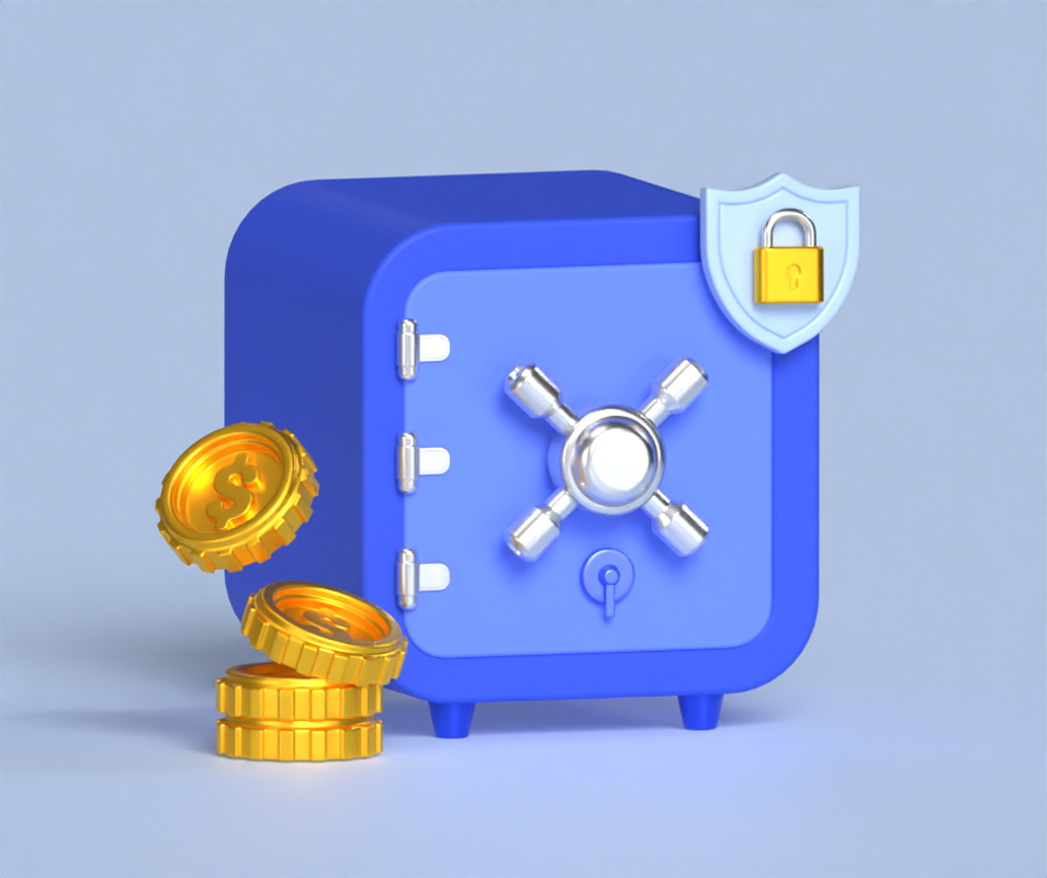 Safety Saving 3D Illustration With Safe Box Coins And Padlock Shield 3D Illustration