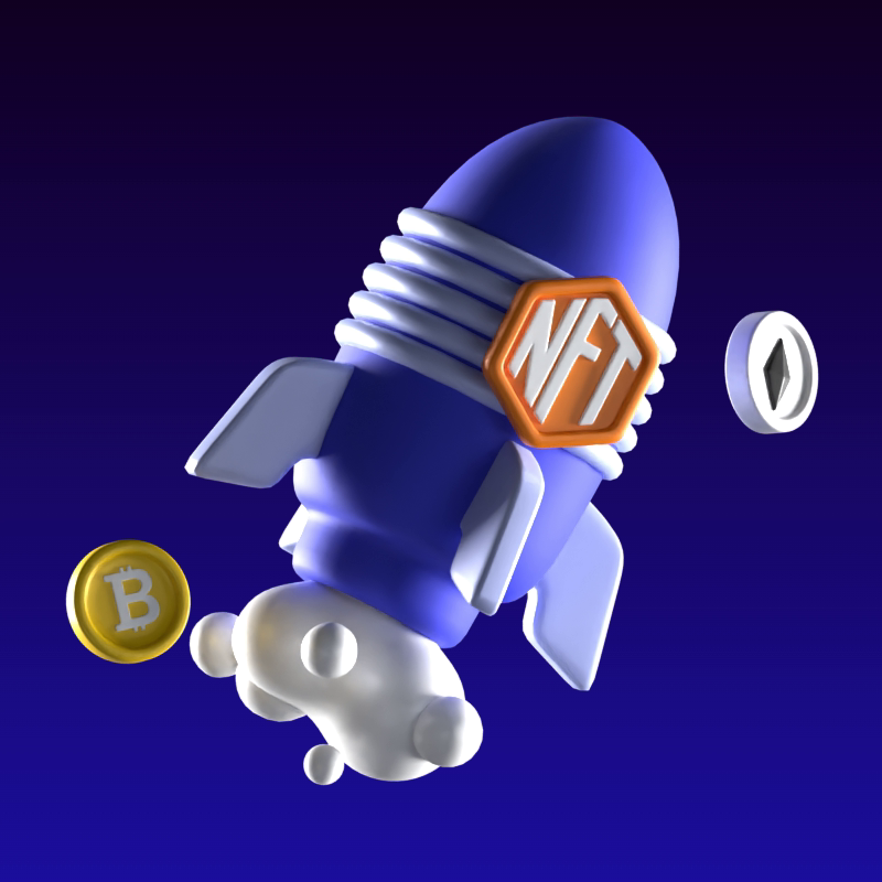 NFT Rocket That Launches With Crypto Coins Around It 3D Animated Illustration 3D Illustration