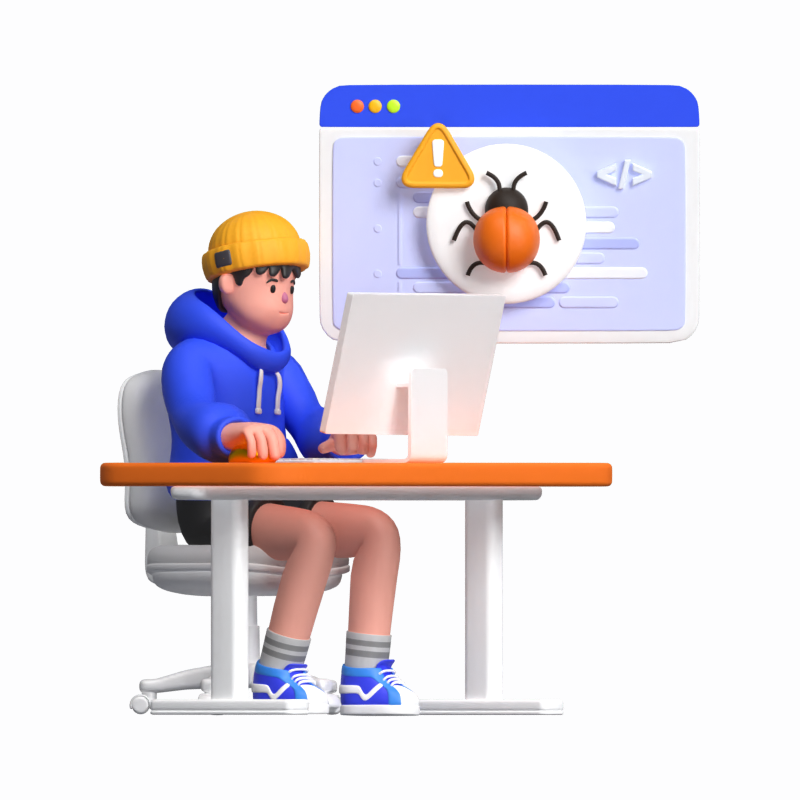 Developer Sitting At The Desk Fixing Bugs With Interface Coding Beside Him 3D Illustration 3D Illustration