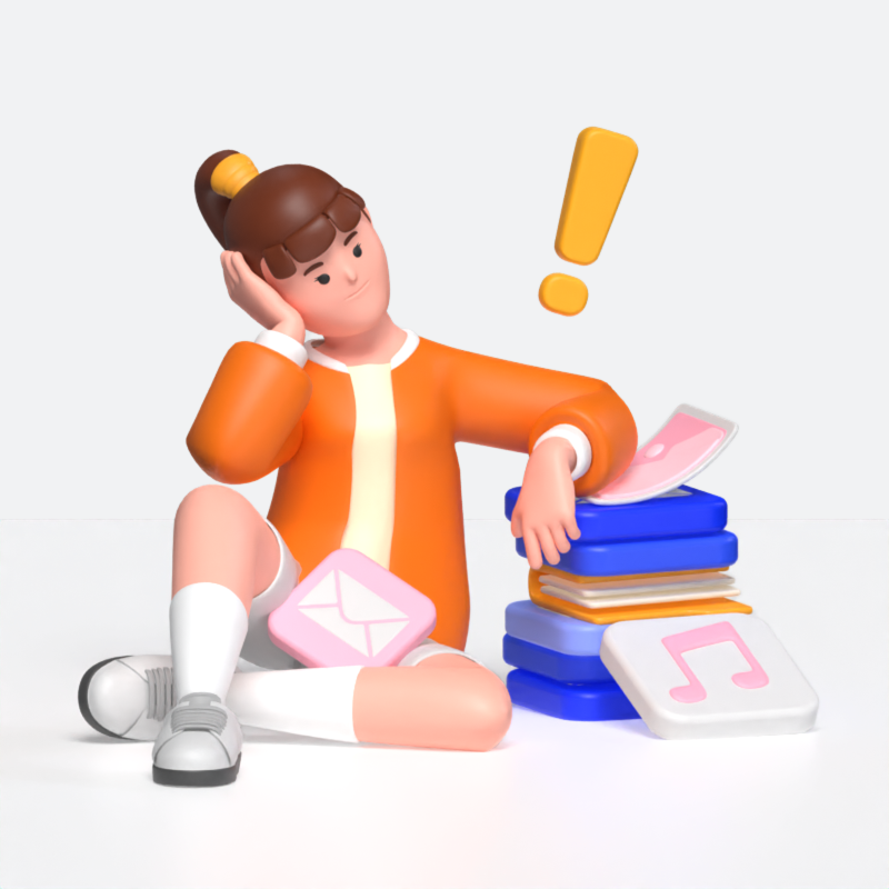 Full Storage 3D Illustration With Girl Sitting Pensively Next To A Stack Of Files 3D Illustration