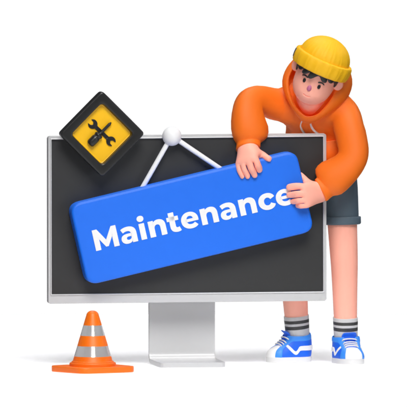 Boy Puts Up A Sign In Front Of The Monitor With A Cone And A Maintenance Sign 3D Illustration 3D Illustration