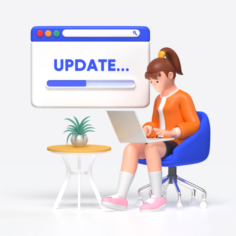 Software Update With Girl Sitting On A Chair And Operating A Laptop 3D Illustration 3D Illustration