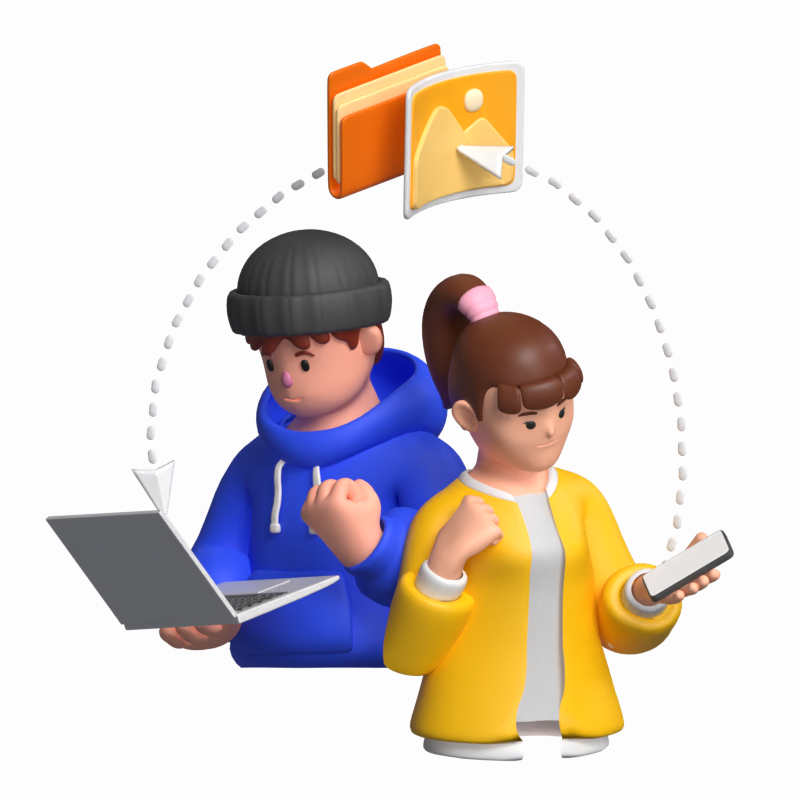Boy And Girl Syncing Data With Laptop And Phone 3D Illustration