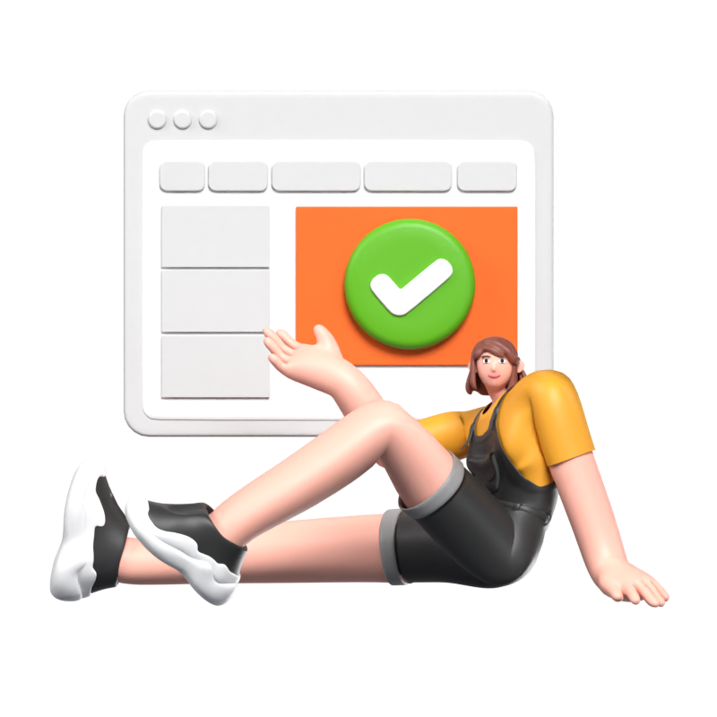 3D Illustration Of A Girl Sitting In Front Of An Online Task Board That Has Been Completed 3D Illustration