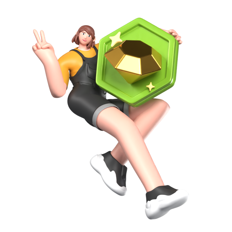 3D Illustration Of Completing A Year Of Membership With A Girl Hugging A Diamond Badge 3D Illustration