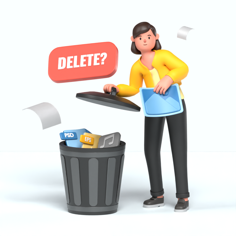 Permanent Delete 3D Illustration With Girl Throwing Data Into The Trash Bin 3D Illustration