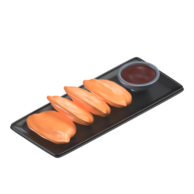 Four Gyoza With A Cup Of Sauce On A Plate 3D Model 3D Graphic