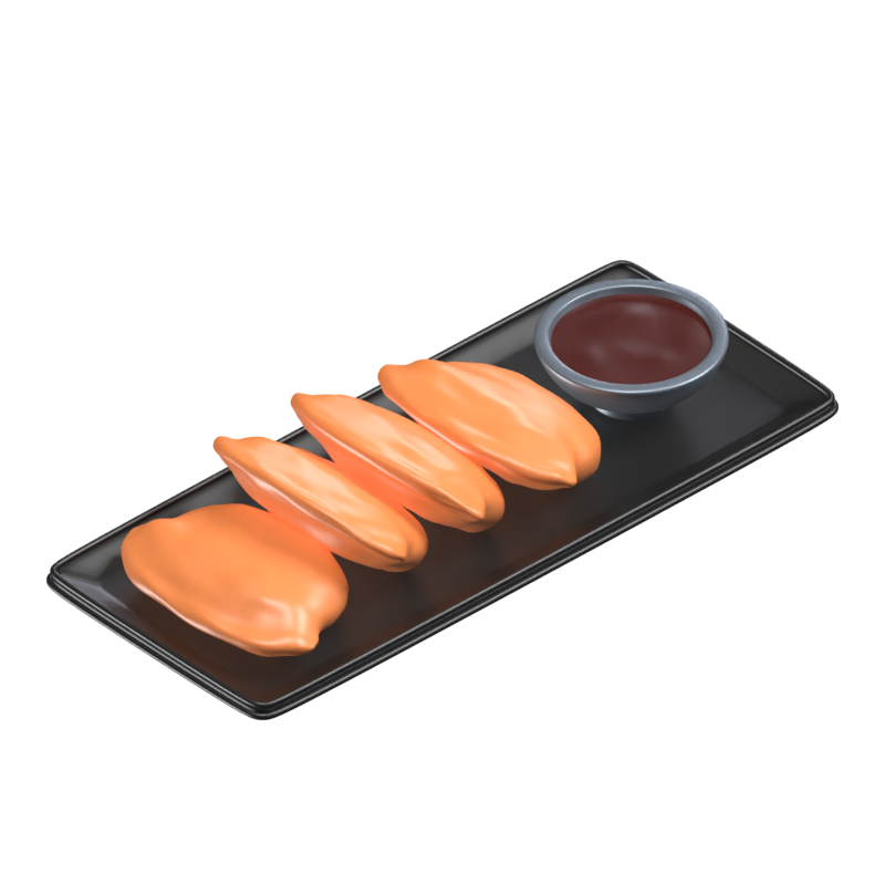 Four Gyoza With A Cup Of Sauce On A Plate 3D Model 3D Graphic