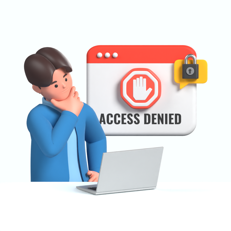A Confused Man In Front Of A Laptop With Access Denied Message 3D Illustration 3D Illustration