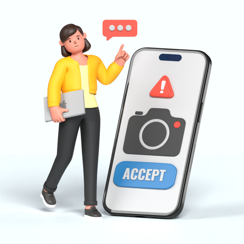3D Illustration Of A Request To Access The Camera With Girl Standing Next To The Phone 3D Illustration