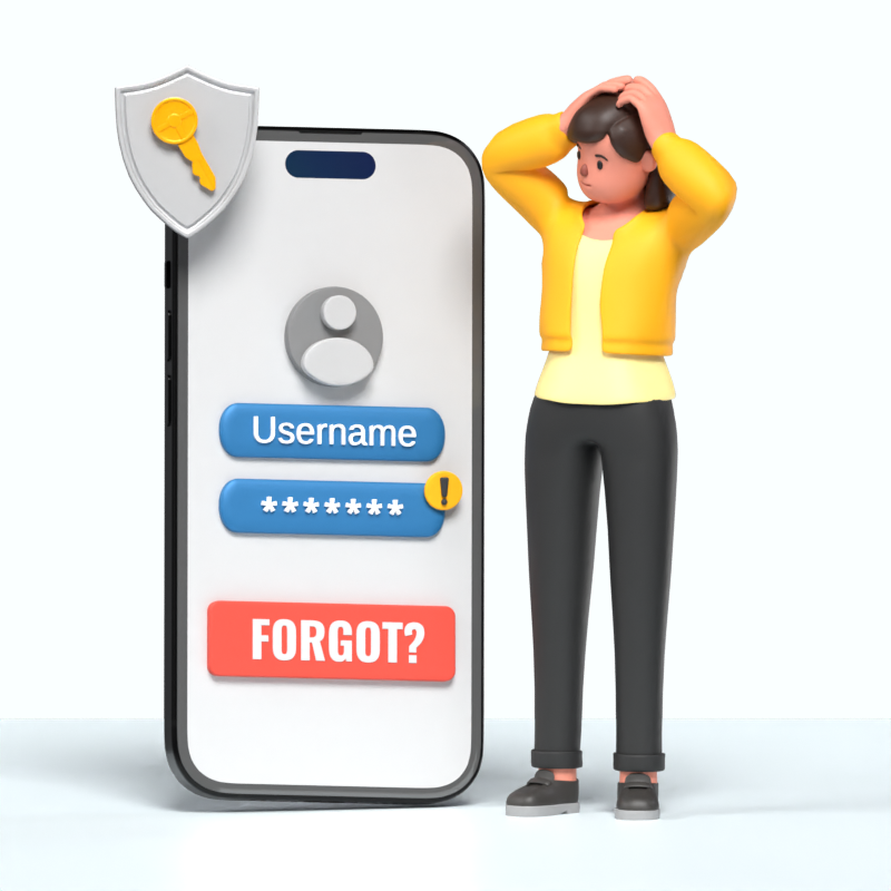 3D Illustration Of Forgotten Password With Girl Standing Next To The Phone 3D Illustration