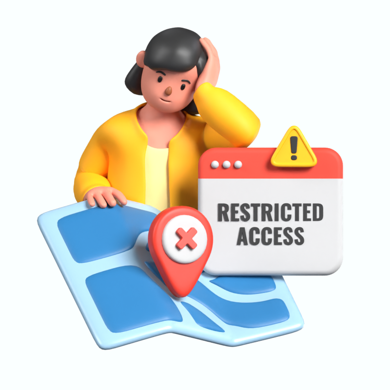 Restricted Geographical Access With A Languid Girl Behind A Map And Warning Sign 3D Illustration 3D Illustration