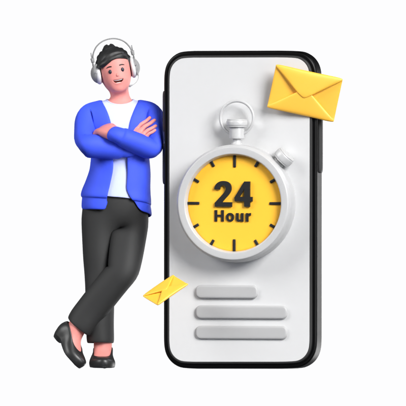 3D Illustration Of 24 Hour Support With A Female Customer Service Person Standing Next To A Phone And Clock 3D Illustration