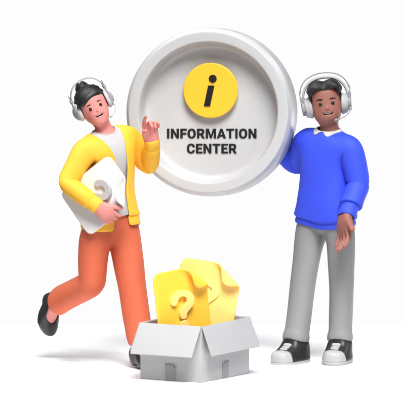 Two Customer Service Agents Standing Next To An Information Center Sign 3D Illustration 3D Illustration