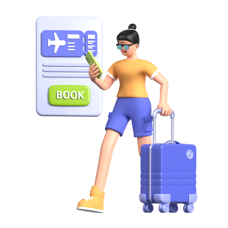 Book Appointment 3D Illustration Of A Girl Walking Hurriedly Carrying Suitcase And Phone 3D Illustration