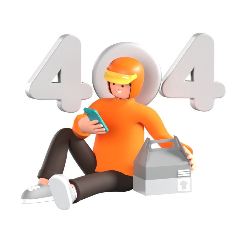 Delivery Man Sitting With Back Against 404 Sign Holding A Food Box 3D Illustration 3D Illustration
