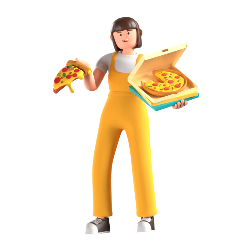 New Food Available 3D Illustration Of A Girl Holding Pizza Boxes And A Slice 3D Illustration