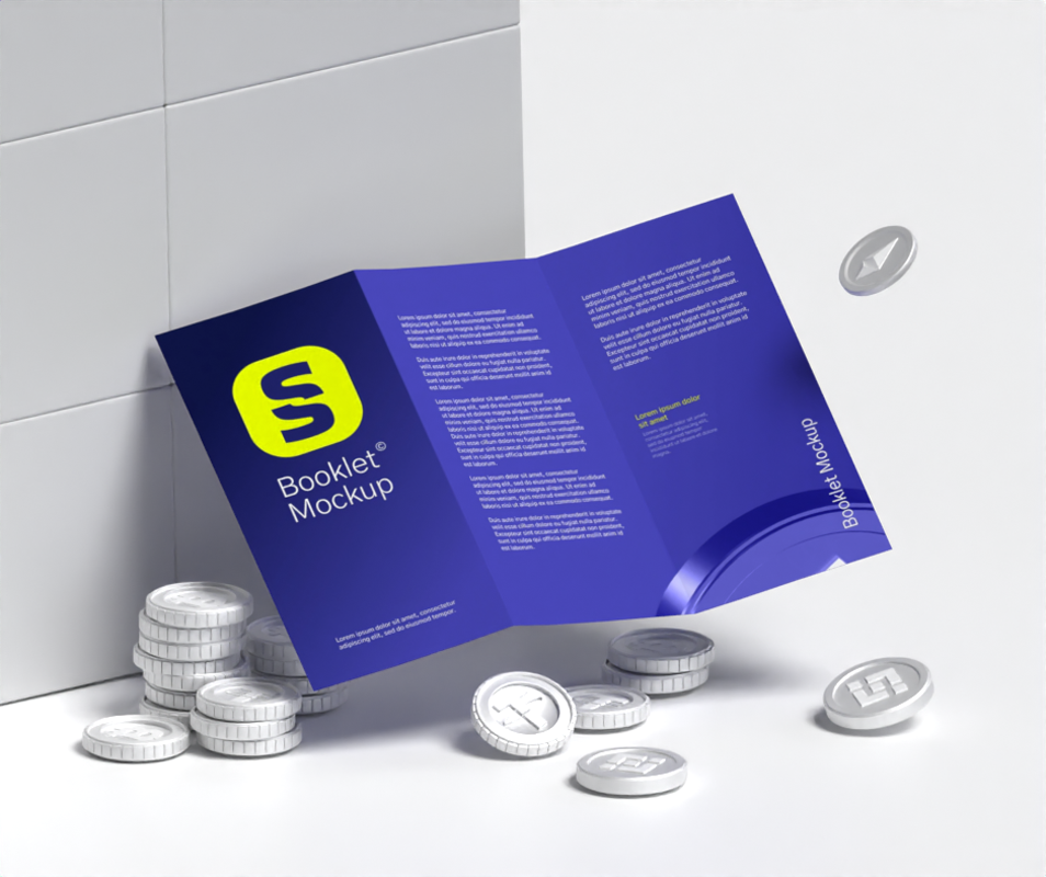 Kit de mockup de marca de livreto de fintech com moedas criptográficas ao redor 3D Template