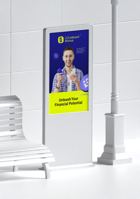 Advertising LCD 3D Display Branding Mockup Kit On The Public Space For Fintech Industry 3D Template