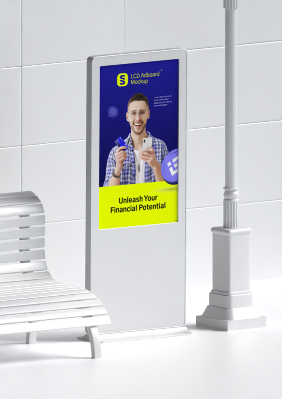 Publicidad LCD 3D Display Branding Mockup Kit En El Espacio Público Para La Industria Fintech