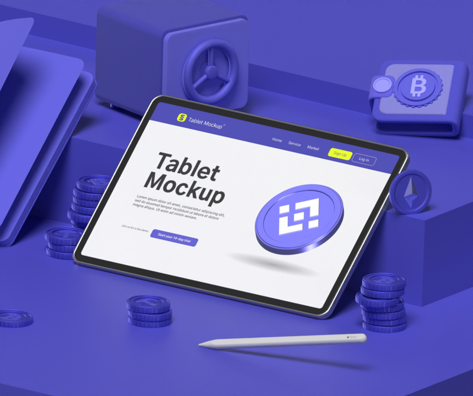 Kit de mockup de marca de tablet 3D para o setor de fintech com livro, moedas, carteira, lápis e caixa