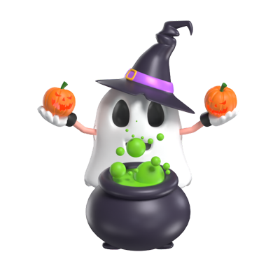 Halloween Ghost With Cauldron Pumpkin 3D Model 3D Graphic