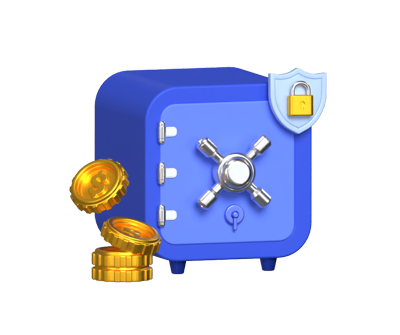 Safety Saving 3D Illustration With Safe Box Coins And Padlock Shield 3D Graphic