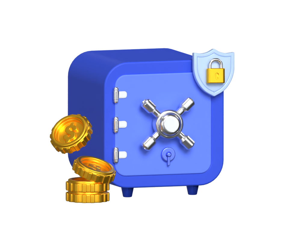 Safety Saving 3D Illustration With Safe Box Coins And Padlock Shield 3D Graphic