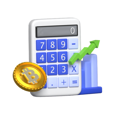 cálculo del crecimiento financiero ilustración 3d con gráfico con flecha junto a una calculadora y bitcoin 3D Graphic