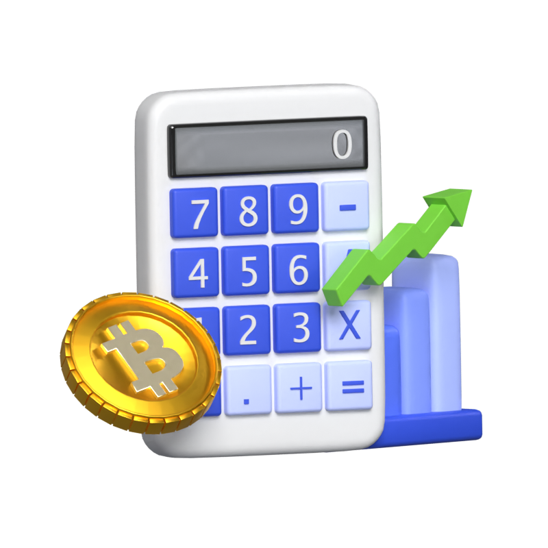 Berechnung der finanziellen Wachstum 3D-Illustration mit Diagramm mit Pfeil neben einem Rechner und Bitcoin 3D Graphic