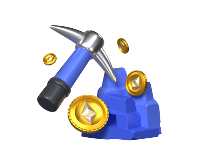 Mining Cryptocoins 3D Illustration Depicting A Pickaxe Next To Rock And Ethereum Coins Around 3D Graphic