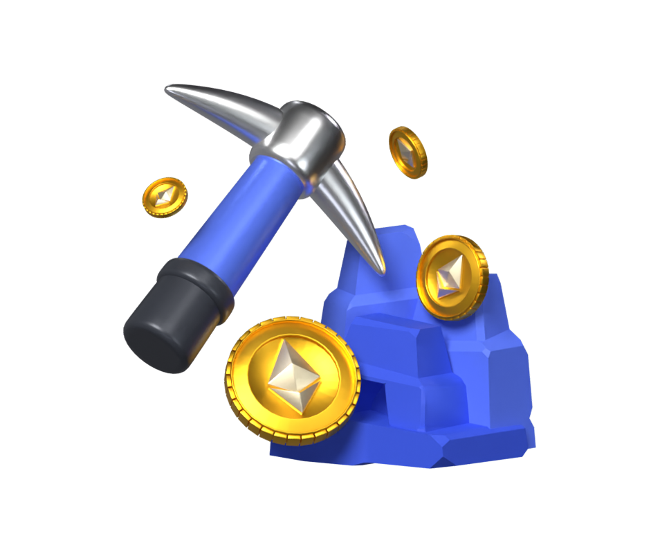 Mining Cryptocoins 3D Illustration Depicting A Pickaxe Next To Rock And Ethereum Coins Around 3D Graphic