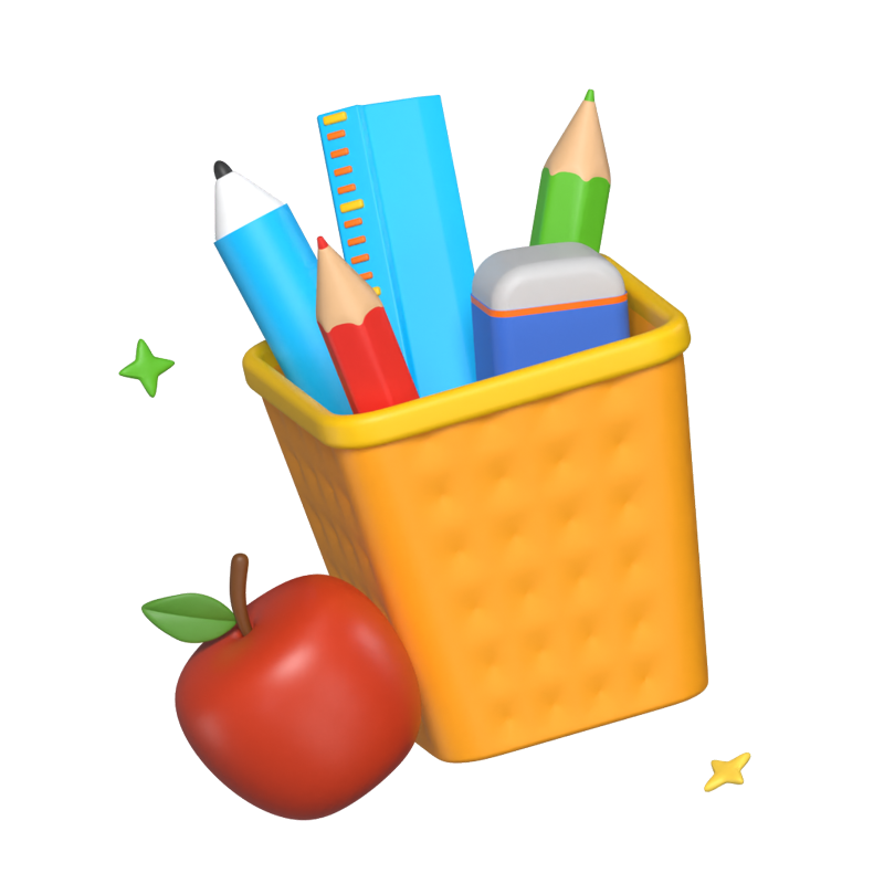 Pen Cup with Pencil, Eraser, Ruler, Pen and Apple 3D Scene 3D Graphic