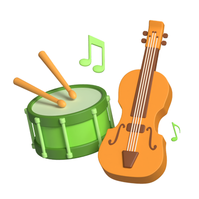 Music Lessons with Violin and Drum Instruments 3D Scene 3D Graphic