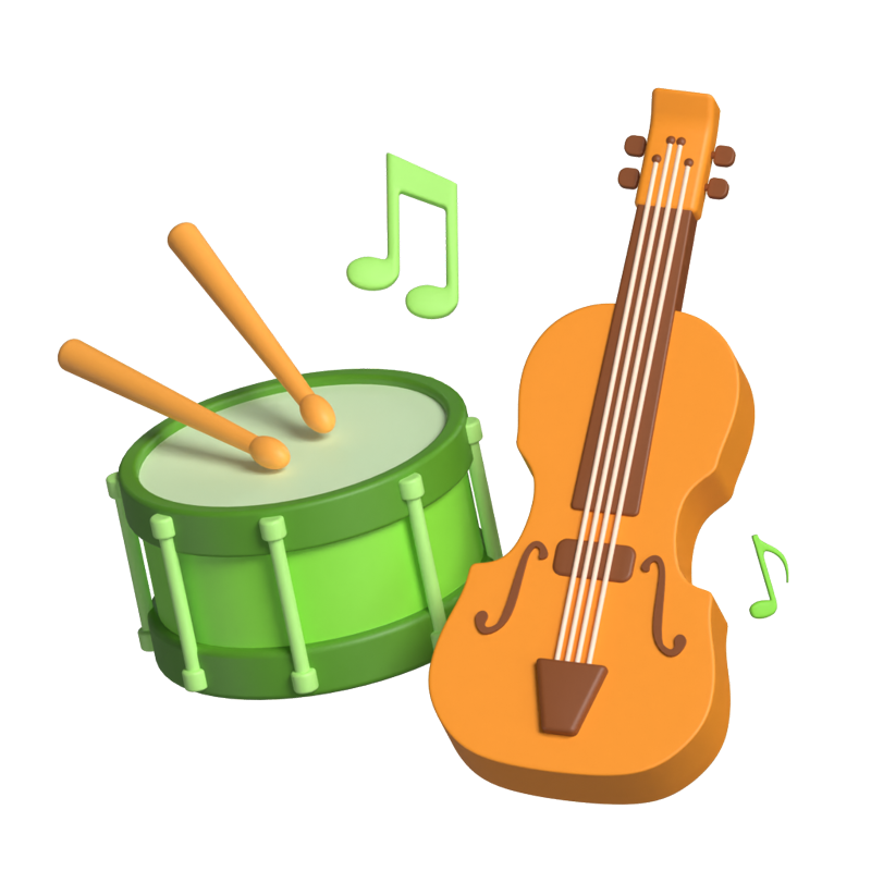 Music Lessons with Violin and Drum Instruments 3D Scene 3D Graphic