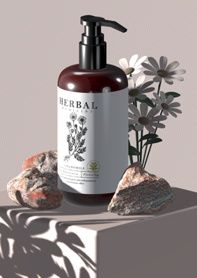 Shampoo Branding Kit With Chamomile Flowers And Stones 3D Mockup 3D Template