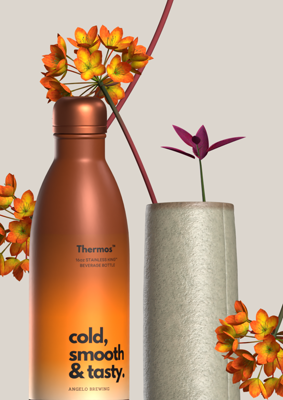 Thermos Bottle Next To Flower Vase 3D Mockup 3D Template