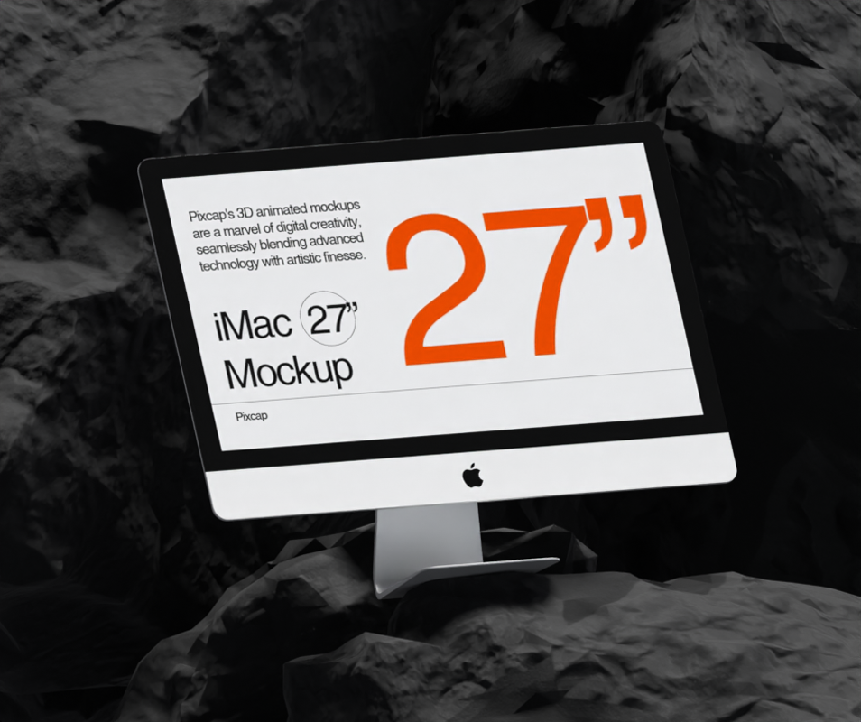 iMac Monitor 27-Zoll-Mockup 3D auf Felsen Minimalismus