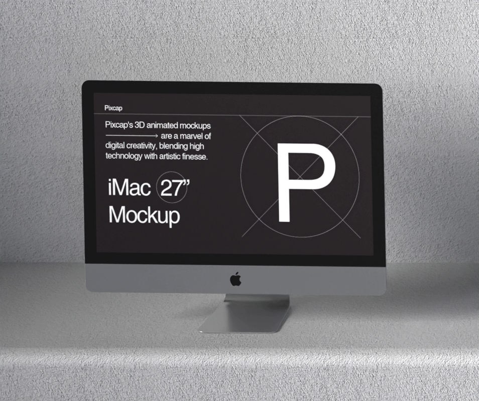 iMac Monitor 27 Zoll Mockup 3D auf einem Podium Minimalismus