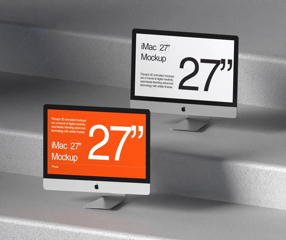 계단 미니멀리즘의 iMac 모니터 27인치 목업 3D