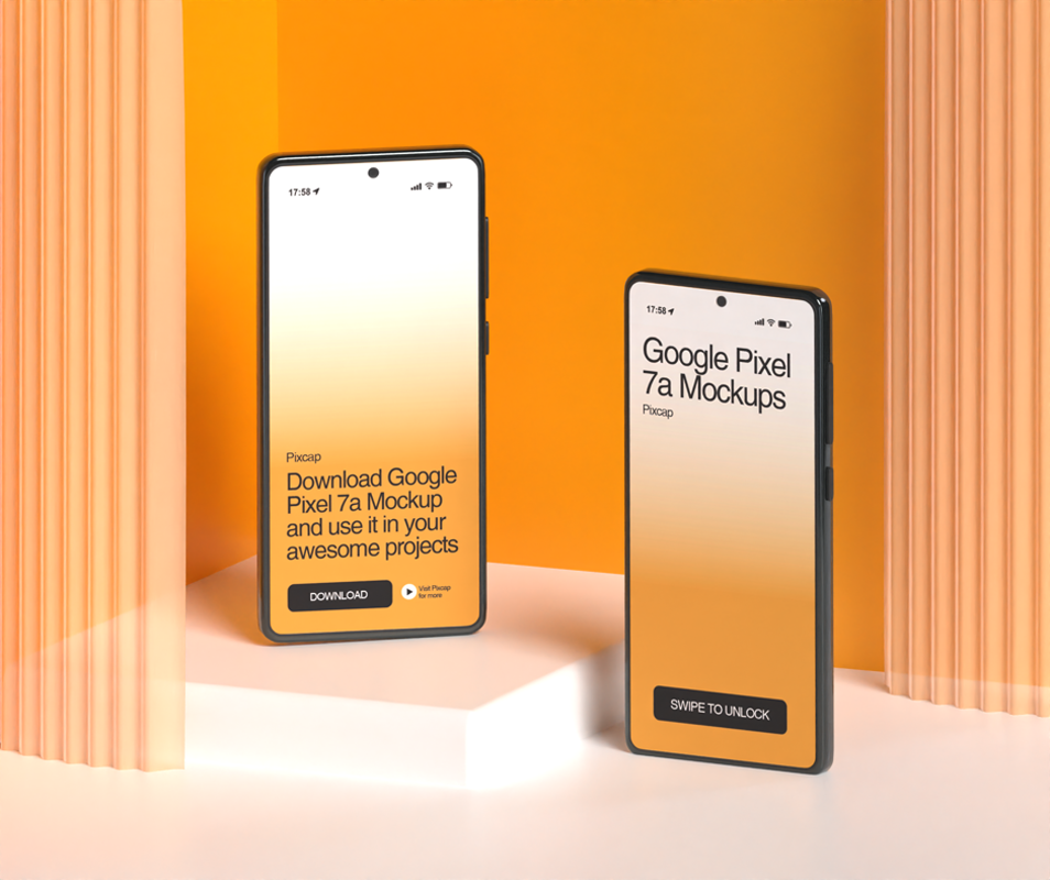 3D Mockup Google Pixel 7a Zwei Telefone auf Plattform Display