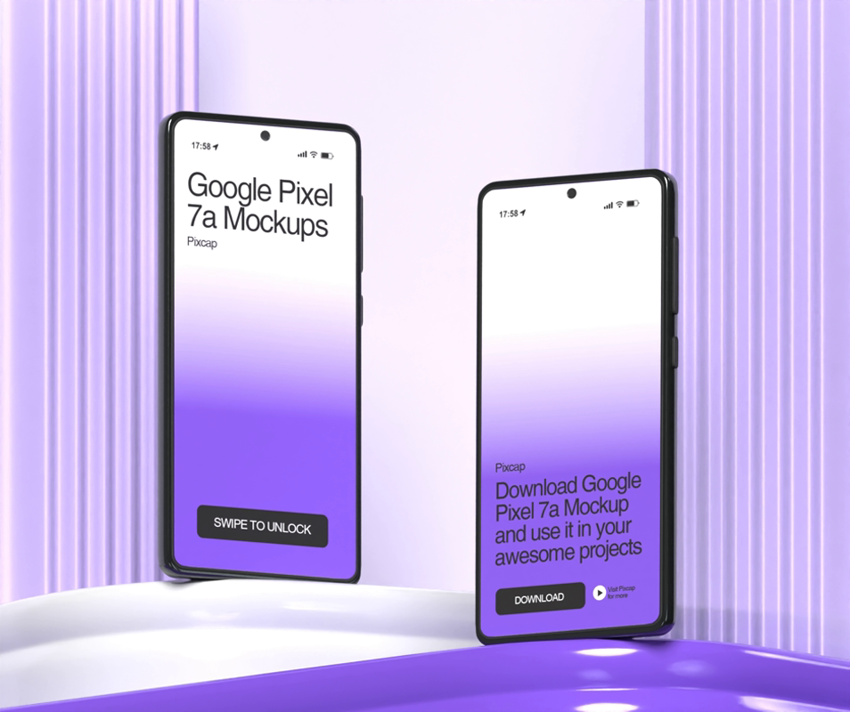 3D Mockup Google Pixel 7a Zwei Telefone auf Plattform Display